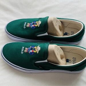 Ralph Lauren Green Canvas Slip-Ons with Bear Embroidery